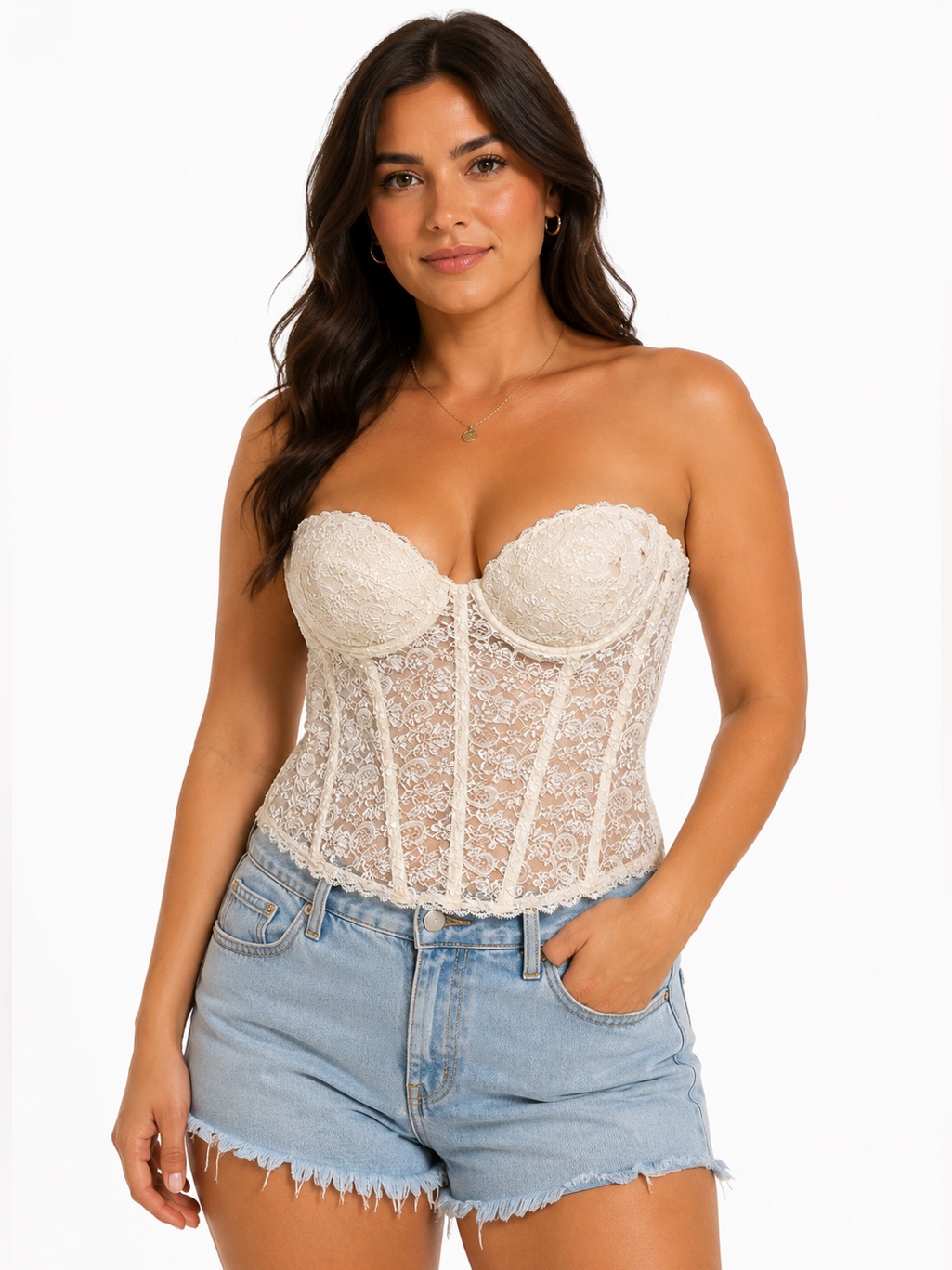 80s/90s Italian Vintage Di Lorento Floral Lace Strapless Corset (White) Size M/L